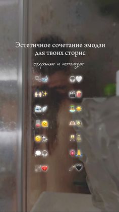 the reflection of a person in a glass door with other icons on it and behind them