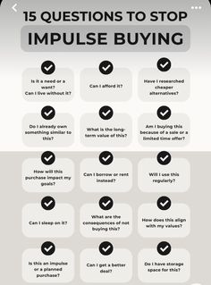 an info sheet with the words, 15 questions to stop impuse buying on it