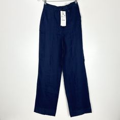 Nwt Zara Trousers 100% Linen Navy Blue Masculine Wide Leg Pant Xs High Waist Summer Size Xs Waist 12.75" Laid Flat Rise 13" Inseam 31" High Rise 100% Linen Zip And Eye Hook Closure Two Front Pocket & Two Faux Back Pockets Semi Sheer Has A Small Hole At The Front Not Noticeable Will Be Circled. Tags: Trendy, On Trend, Vacation, Beach, Resort, Pool Party, Lounge, Travel Blue Wide Leg Linen Pants, Blue High Waist Linen Wide Leg Pants, High Waist Blue Linen Wide Leg Pants, Blue Linen Wide-leg Pants, Zara Wide Leg Denim Blue Bottoms, Blue Linen Wide Leg Pants, Indigo Wide Leg Summer Pants, Indigo Straight Leg Linen Pants, Indigo Linen Wide Leg Bottoms