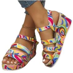 Beautiful Colorful Wedge Sandals Sz 10.5 Multicolor Wedge Heel Sandals For Beach, Multicolor Platform Wedge Sandals For Beach, Multicolor Platform Sandals For Summer, Multicolor Closed Toe Heels For Summer, Fun Multicolor Sandals For Beach, Fun Multicolor Beach Sandals, Multicolor High Heel Summer Sandals, Multicolor Platform Sandals With Closed Toe, Multicolor Closed Toe Wedge Sandals For Vacation