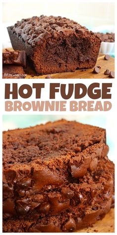 chocolate fudge brownie bread on a cutting board with the words hot fudge above it