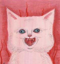 a painting of a white cat with its mouth open and tongue out, on a red background