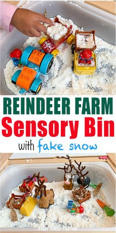 a close up of a fake farm with fake snow in the background and text overlay reading reindeer farm sensory bin with fake snow