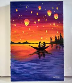 an acrylic painting of two people in a boat with lanterns floating over the water