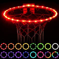 an illuminated basketball hoop with several circles around it