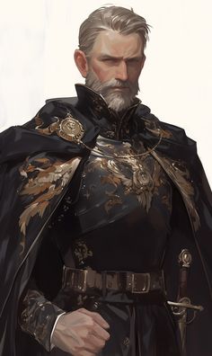 a man with a beard wearing a black cape and gold trimming on his coat