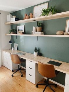 an office with two desks and shelves on the wall above them, along with potted plants