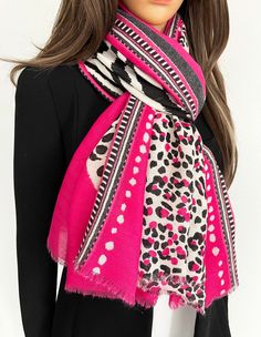 "Womens large leopard print scarf in fuchsia pink / hot pink / cerise pink. Long and large ladies scarf shawl wrap. Big, classy, on trend fashion animal print scarf for women with retro vintage vibes! Multi purpose can be worn as a lightweight thin wearable blanket scarf, wrap scarf, womens shawl or beach sarong cover up scarf. Contemporary animal print shawl scarf with leopard, tiger and cheetah prints. Soft delicate feel and easy to wear. Lightweight, not bulky; a joy to wear! Beautifully designed quality neck scarf for women - the perfect scarf for all seasons come Spring, Summer, Autumn or Winter. Stunning colour in a designer style scarf. Machine wash at 30 degrees. 100% Polyester. Approx. 185L X 90W CM. These animal neck scarves also make an ideal ladies gift or \"Gift for Her\"! if Leopard Print Gifts, Hot Pink Leopard Print, Hot Pink Leopard, Ladies Scarf, Animal Print Scarf, Leopard Print Scarf, Striped Scarves, Pink Leopard Print, Summer Scarves