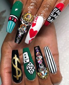 Vegas Nail Art Ideas, Vegas Nail Art Designs, Casino Nail Art, Casino Themed Nails, Vegas Nails Design, Vegas Nail Ideas, Vegas Themed Nails