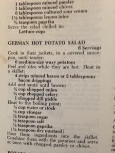 an old recipe book with instructions on how to make hot potato salad