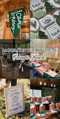 a collage of photos with the words bachelor party time, camp back on it