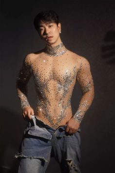 Men Rhinestones Long Sleeve Bodysuit Singer Dancer Stage Wear Costume Jumpsuit | eBay Drag Queen Costumes, Men Jumpsuit, Celebrity Party, Mesh Jumpsuit, Genderless Fashion, Jumpsuit For Women, Gay Fashion, Queer Fashion, One Piece Bodysuit