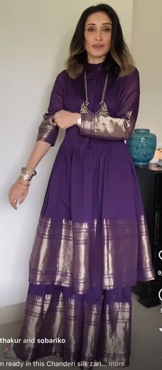 Purple Saree Outfit, Kanjivaram Suit Designs, Sharara Designs For Plus Size, Saree Long Gown Design, Braso Saree Dress Design Ideas, Sangeet Wear Women, Old Gown Reuse Ideas, Anarkali Dress Design From Saree, Banarsi Indo Western Dress