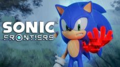 sonic the hedgehog holding up a red hand in front of trees and bushes with text sonic frontiers