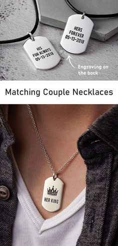 two necklaces that say matching couple necklaces and one has a crown on it