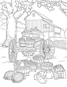 a coloring book with an image of a wagon full of fruit and vegetables on it