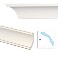 the top and bottom of a white shelf with measurements for each section, including one end