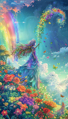 a painting of a woman with long hair flying in the sky above flowers and butterflies