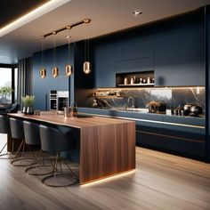 a kitchen with blue walls and wooden flooring, along with black bar stools