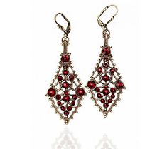 Red rules in these Swarovski crystal filigree earrings. They look gorgeous from every angle. From Anne Koplik Designs. Red Filigree Vintage Jewelry, Red Dangle Filigree Jewelry, Red Filigree Dangle Jewelry, Traditional Red Filigree Earrings, Ornate Red Filigree Earrings, Crystal Seashells, Antique Stone, Gem Earrings, Filigree Earrings