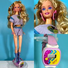 a barbie doll with blonde hair and bright blue eyes wearing purple clothes, holding a toothbrush in her right hand