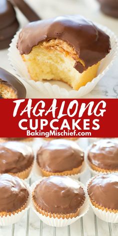 chocolate frosted cupcakes are sitting on a cooling rack with the words tagalong cupcakes above them