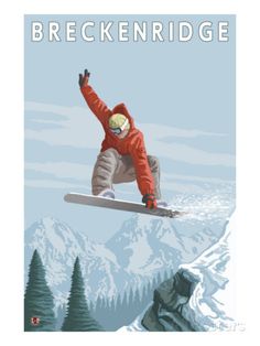 a snowboarder is in mid air on a snowy mountain slope, with the words breckenridge above him