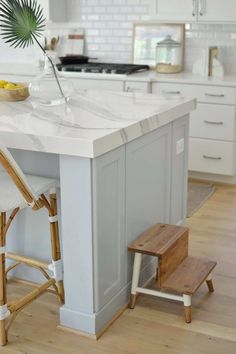 a kitchen island with two stools next to it