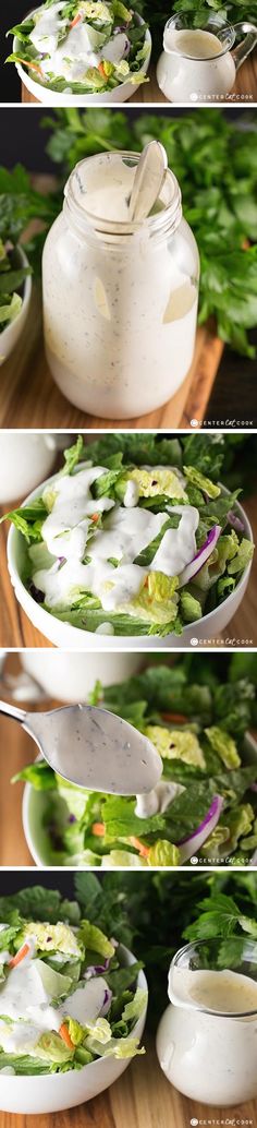 four pictures show different ways to make a salad with lettuce, onions and dressing