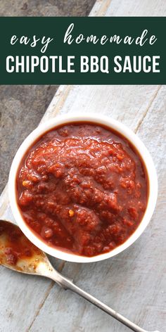 easy homemade chipotle bbq sauce in a white bowl with a spoon on the side