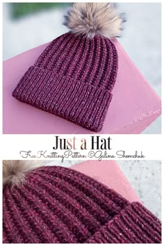 two hats with pom - poms on them, one in purple and the other in pink