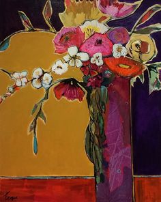 an oil painting of flowers in a vase on a table with purple and yellow background