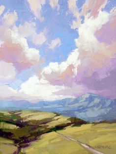 an oil painting of green hills and clouds