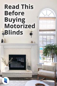 a living room with white furniture and a large sign that says read this before buying motorized blinds