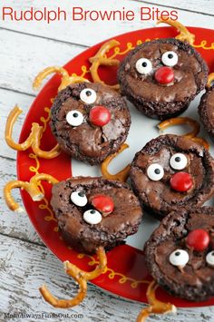 chocolate brownie bites decorated like rudolph the reindeer