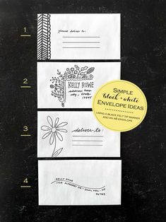 three envelopes with different designs on them and one has a stamp that says, simple black - white envelopes