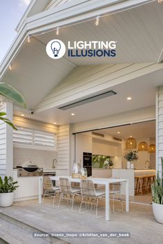 an outdoor kitchen and dining area are featured on the cover of lighting illusions magazine