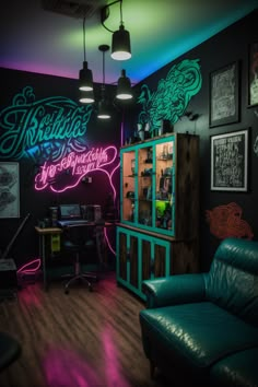 a room with neon lights and furniture in the corner, along with posters on the wall