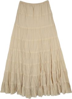 A beige-cream-colored broomstick style skirt in slightly crinkled cotton fabric for summers.  This ankle-length tiered skirt features eight tiers with unfinished flouncy hemline on each tier. #tlb #Crinkle #TieredSkirt #Pocket #longcottonskirt #skirtwithpockets Beige Tiered Lined Maxi Skirt, Beige Tiered Flowy Maxi Skirt, Beige Flowy Tiered Maxi Skirt, Beige Ruffled Bohemian Maxi Skirt, Beige Tiered Skirt, Bohemian Beige Ruffled Maxi Skirt, Beige Flowy Tiered Skirt, Beige Tiered Skirt With Ruffle Hem, Cream Tiered Maxi Skirt With Gathered Details