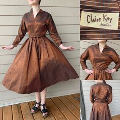 "Late 40s sharksin taffeta dress with dolman sleeves and blue and peach plaid stripes on brown. The color is very shimmery gold, and the fabric has a slick stiffness to it. Model is not wearing a crinoline but the wind has playfully picked up the skirt to show the volume. The collar folds back, it has shoulder pads, and a medieval type rope belt to tie around the waist.  it opens at the left with a zip and an overlapping snap closure, but must go over the head so we recommend leaving ease in the measurement to be able to get into it.  Condition: a few little pin holes, one on left shoulder, skirt, and one under right collar. Barely noticeable, and otherwise excellent vintage condition. Labels/tags: Claire Kay Junior Measurements: taken flat. Model is 25 1/2\" waist, 32\" bust.  -bust from Vintage Brown Dress, Rope Belt, Taffeta Dress, Pin Hole, Beautiful Skirts, Brown Dress, Vintage Brown, Dress Clothes For Women, Dolman Sleeve