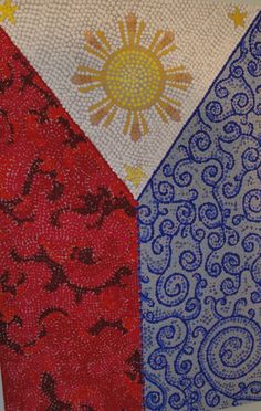 three different designs are shown on the side of a piece of fabric, one is blue and red