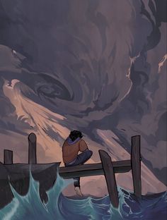 a man sitting on a dock in front of a storm