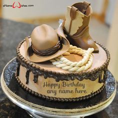 a birthday cake with cowboy boots and hats on it's top layer, which reads happy birthday only name here