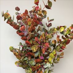 a vase filled with lots of different colored stones and leaves on top of a table