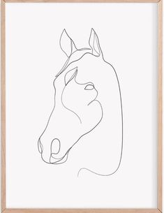 a line drawing of a horse's head in a wooden frame on a white wall