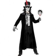 a man in a skeleton costume is holding a flower and looking at the camera while wearing a top hat