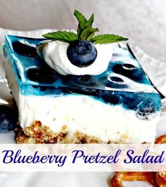 a piece of blueberry pretzel salad on a plate