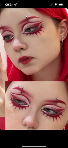 Call Me An Escalator, Cyberpunk Makeup Eye, Kitsune Face Markings, Graphic Design Makeup, Colorful Creative Makeup, Pink Corpse Paint, Fun Alt Makeup, Demon Eye Makeup, Ashnikko Makeup Looks