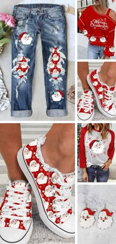 several pictures of women's shoes with santa clause on them