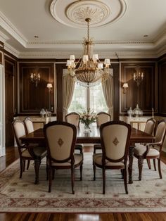 a formal dining room with wood paneling and chandelier